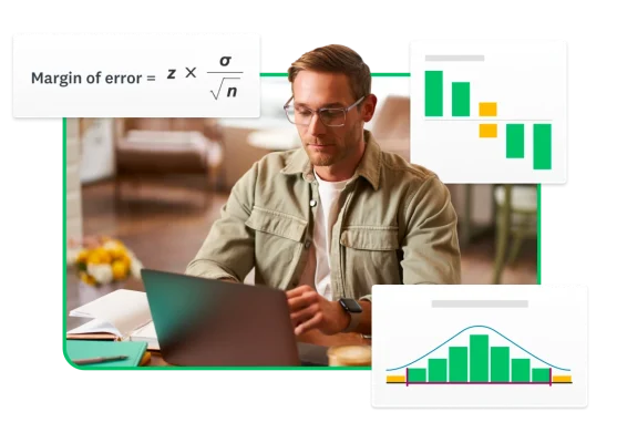 Person with glasses typing on a computer. Around them are the margin of error formula, and two graphs with bar charts.