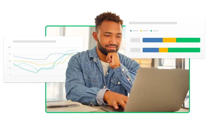 Contented person resting their chin on their hand and looking at a laptop. Next to them are line and bar graphs.