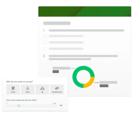 Survey with a donut chart, and a modal reading "Who do you want to survey?" and "How many responses do you need?"