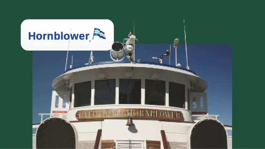 The Hornblower logo next to a photo of a boat