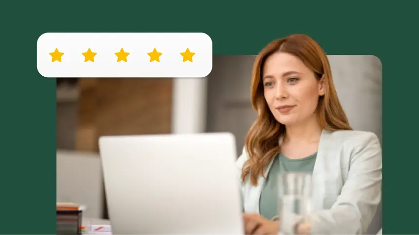 A woman typing on a laptop next to five stars