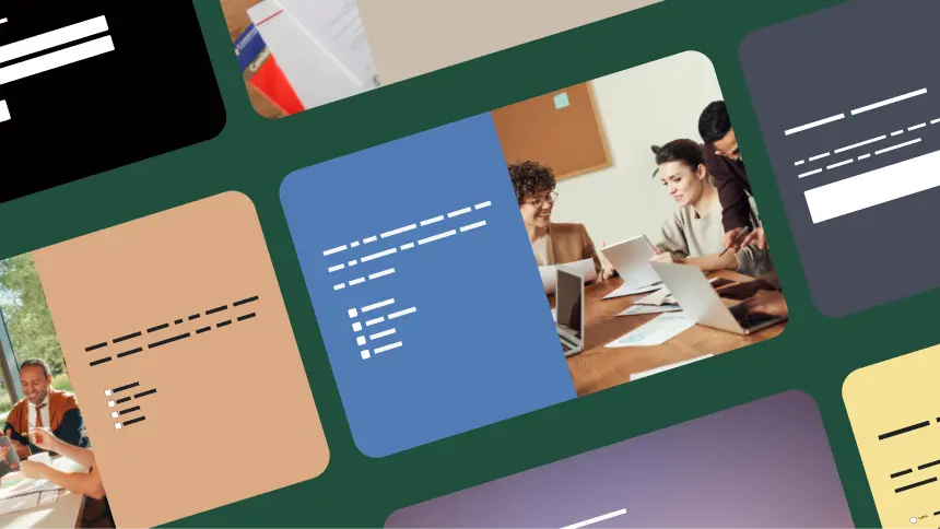 Ett rutnät med bilder som visar olika mallar för enkäter och formulär, vissa med bilder på människor som arbetar ihop på ett kontor.