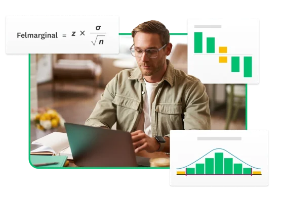 Person med glasögon som skriver på en bärbar dator. Runt personen finns formeln för felmarginal och två grafer med stapeldiagram.