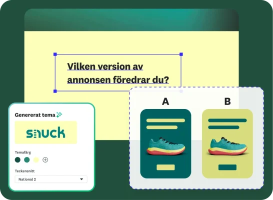 Gränssnitt för en marknadsföringsenkät från ett skoföretag som heter ”Snuck”. Frågan som ställs är ”Vilken version av annonsen föredrar du?” och annons A visas intill annons B för jämförelse. På en designpanel till vänster visas alternativ för att anpassa tema, teckensnitt och layout.
