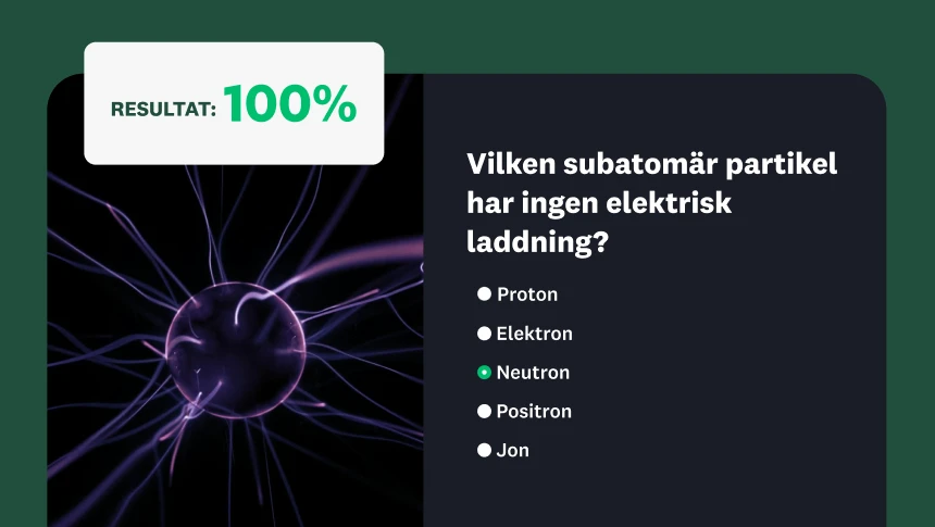 En frågetävling om subatomära partiklar med en bakgrund av plasmakulor och ett resultat på 100 %.