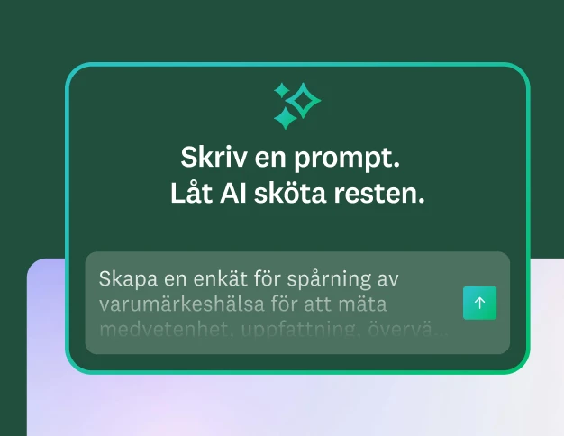 En bild med en grön ruta där det står ”Skriv en prompt. Låt AI sköta resten.” I exempelprompten står det ”Skapa en enkät för spårning av varumärkeshälsa för att mäta medvetenhet, uppfattning, övervägande och ...”