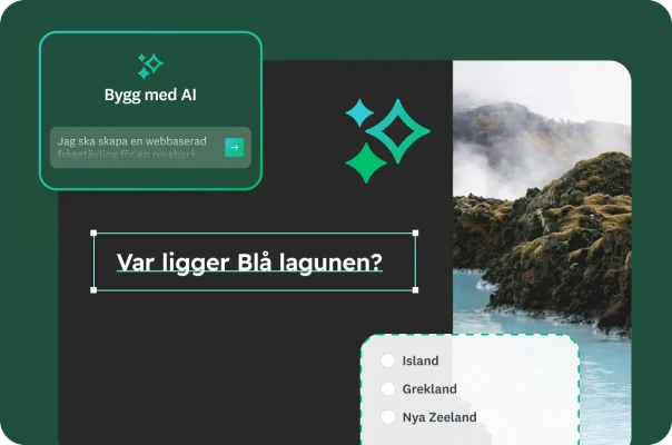 En bild på Blå lagunen med en ovanpåliggande resefråga och en AI-prompt för att skapa en frågetävling.