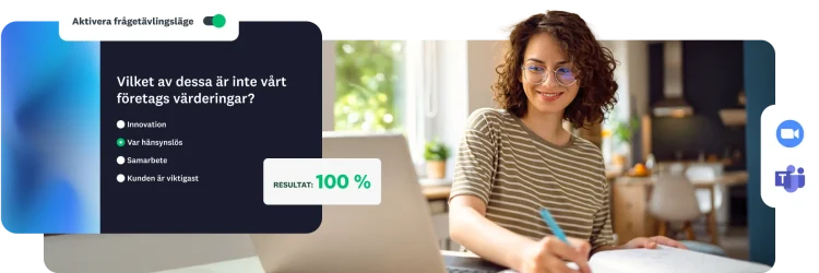En kvinna som arbetar på en bärbar dator med en ovanpåliggande frågetävling om företagsvärderingar i ”Frågetävlingsläge” med resultatet 100 %.