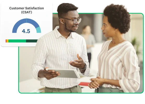 Two colleagues discussing survey results, plus a customer satisfaction (CSAT) scale with a 4.5 rating