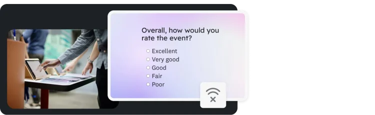 Hands tapping a tablet on a table, next to survey question asking “Overall, how would you rate the event?”