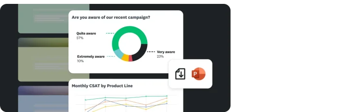 A doughnut chart showing the results for a survey question asking “Are you aware of our recent campaign” above a monthly CSAT by product line graph