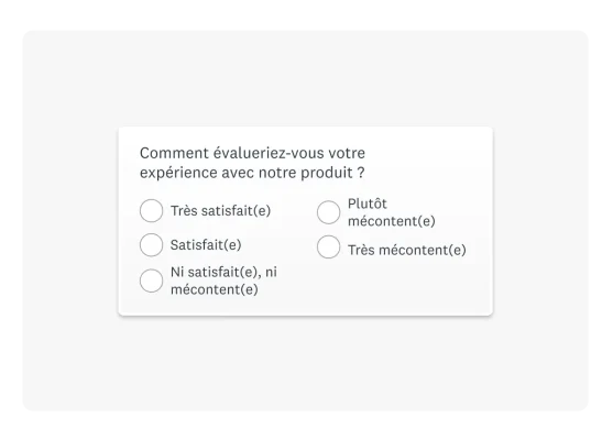 Exemple de question CSAT (Customer Satisfaction Score) : « Comment évalueriez-vous votre expérience avec notre produit ? »