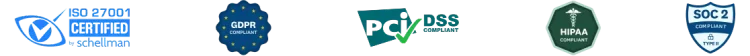 The ISO 27001-certified badge, the GDPR-compliant badge, the PCI DSS-compliant badge, the HIPAA-compliant badge and the SOC2 type II-compliant badge